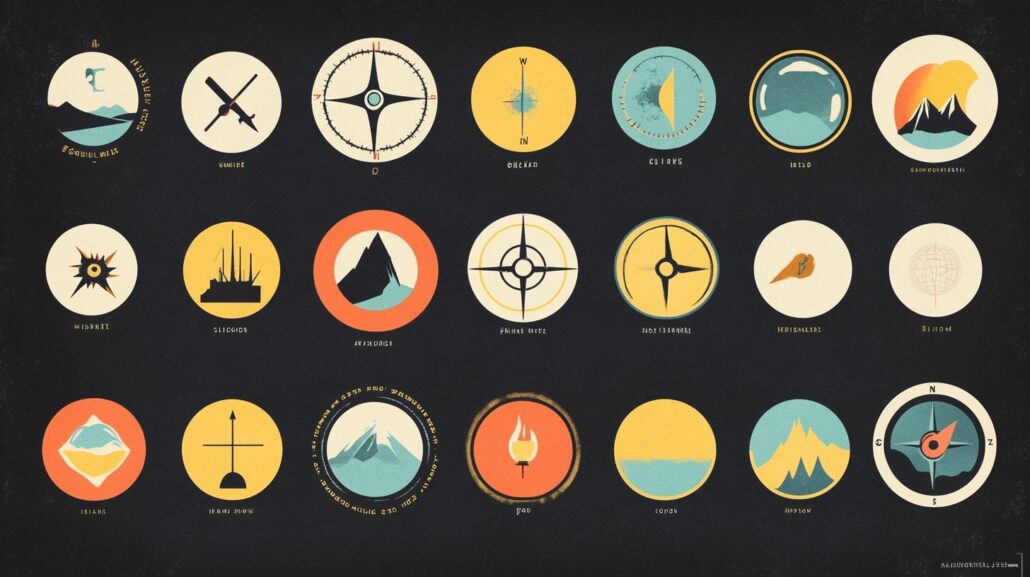 Midjourney's design for 27 vintage travel icons based on the Kairos movement.