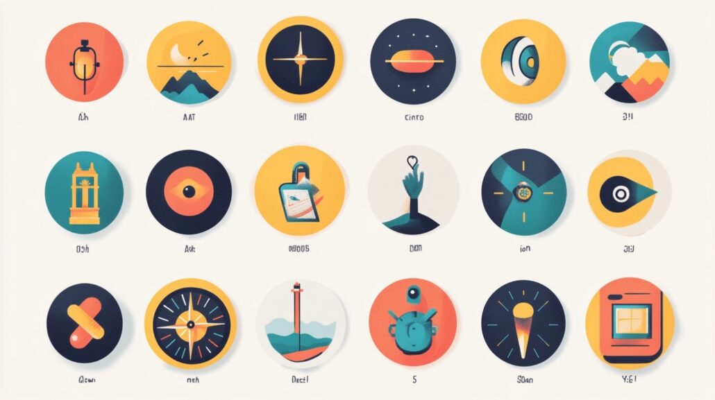 Midjourney's design for 27 vintage travel icons based on the Kairos movement.