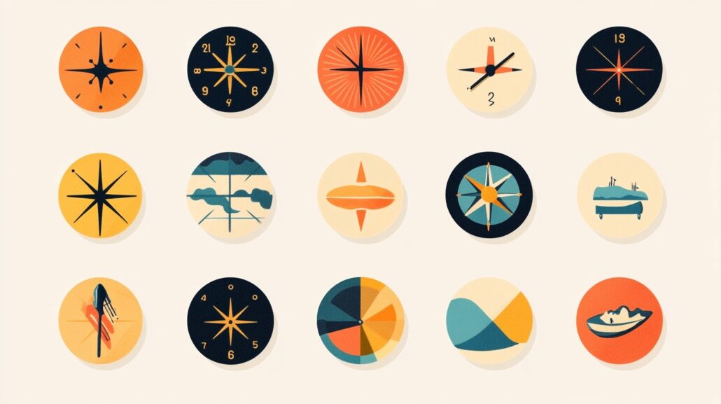 Midjourney's design for 27 vintage travel icons based on the Kairos movement.