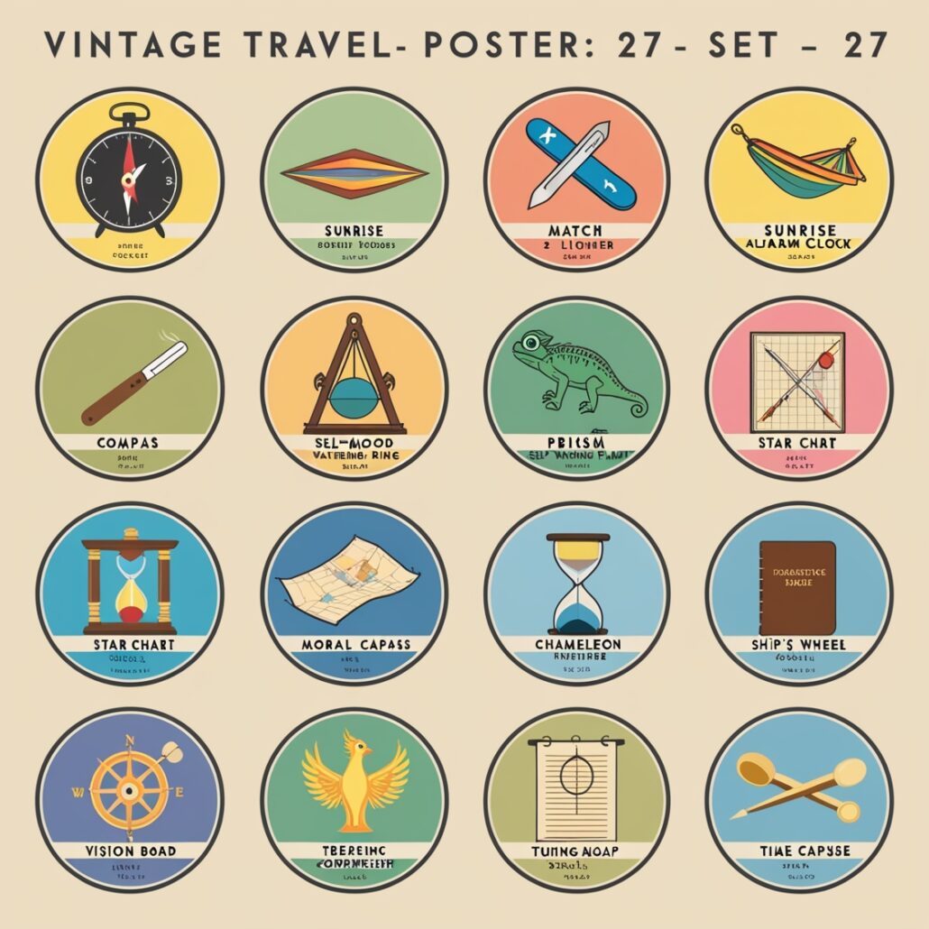 Leonardo's design for 27 vintage travel icons based on the Kairos movement.