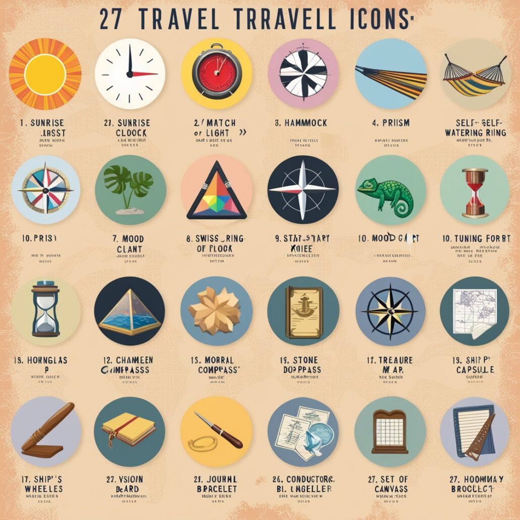 Leonardo's design for 27 vintage travel icons based on the Kairos movement.