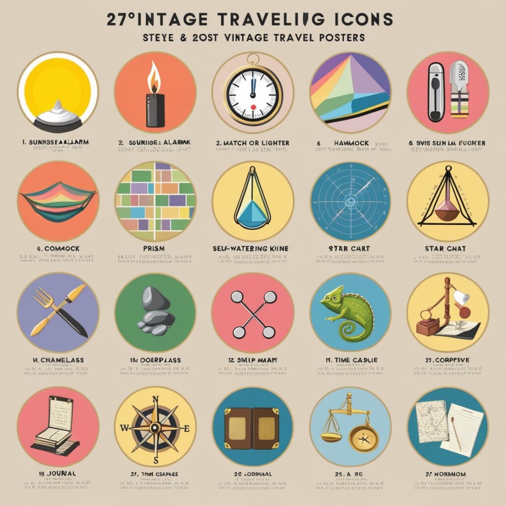 Leonardo's design for 27 vintage travel icons based on the Kairos movement.