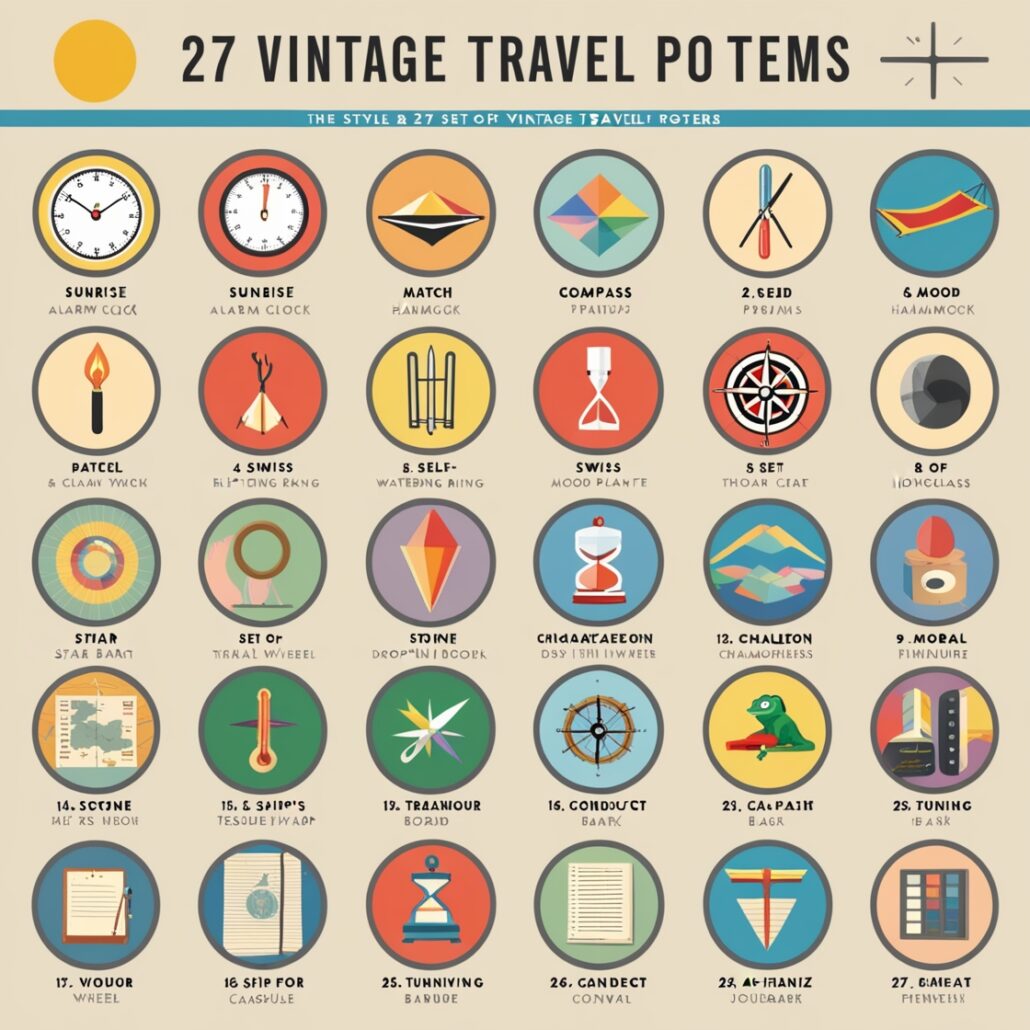 Leonardo's design for 27 vintage travel icons based on the Kairos movement.